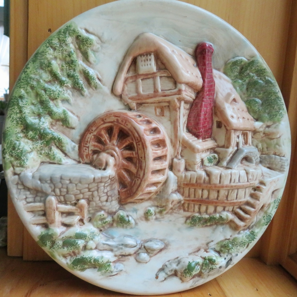 Vintage 70s Ceramic 3D Plate Art, Mill House Shabby Chic Cottage Wall Decor